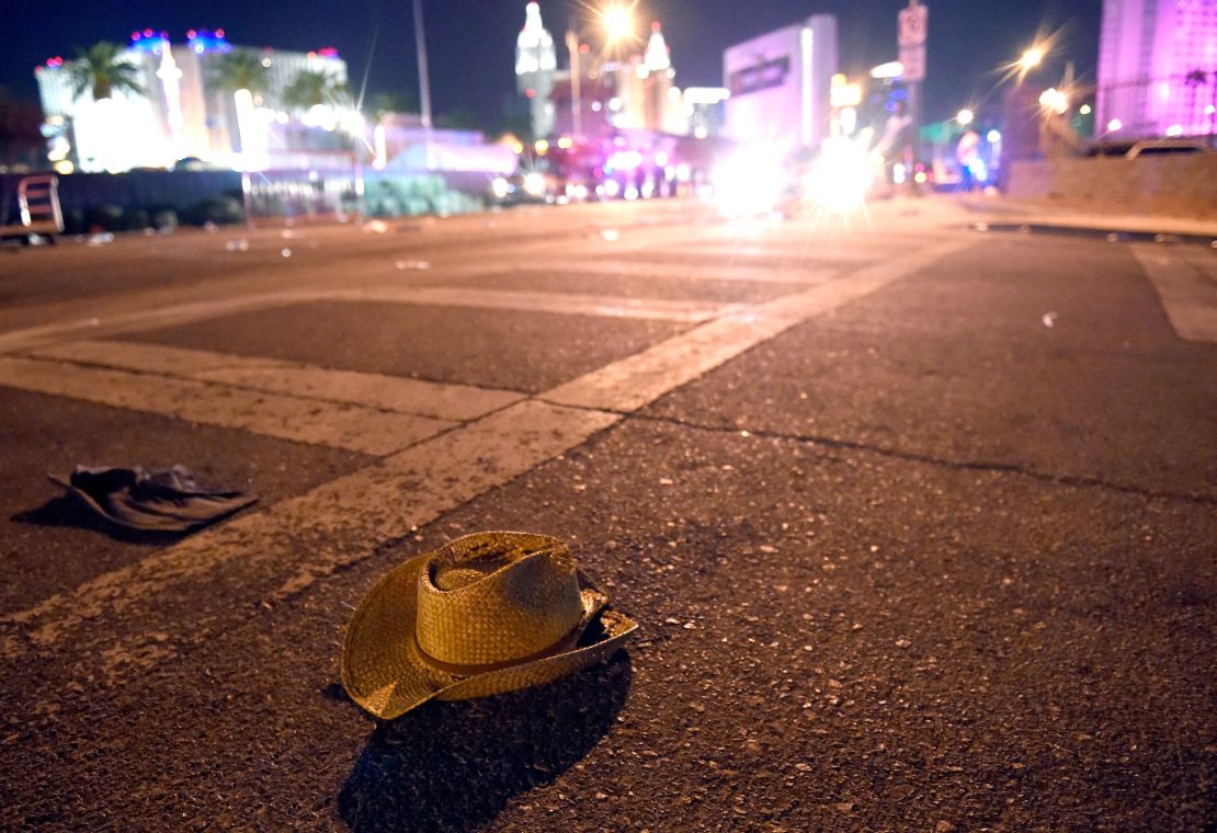 Wallets, clothing and hats of those who fled lined the streets of the Las Vegas Strip.