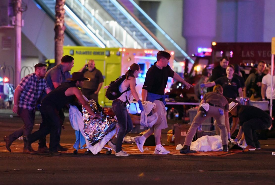 An injured person is tended to after the mass shooting  in Las Vegas. 