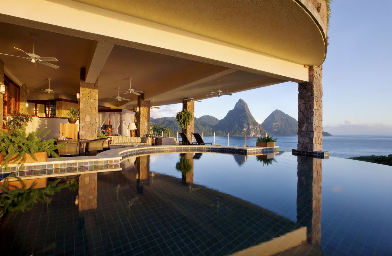 <strong>Jade Mountain, Saint Lucia:</strong> Overlooking the iconic Pitons World Heritage Site, this resort features en-suite infinity edge pools so you can float in total privacy.