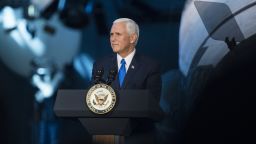 Vice President Mike Pence delivers opening remarks during the National Space Council's first meeting, Thursday, Oct. 5, 2017 at the Smithsonian National Air and Space Museum's Steven F. Udvar-Hazy Center in Chantilly, Va. The National Space Council, chaired by Vice President Mike Pence heard testimony from representatives from civil space, commercial space, and national security space industry representatives. 