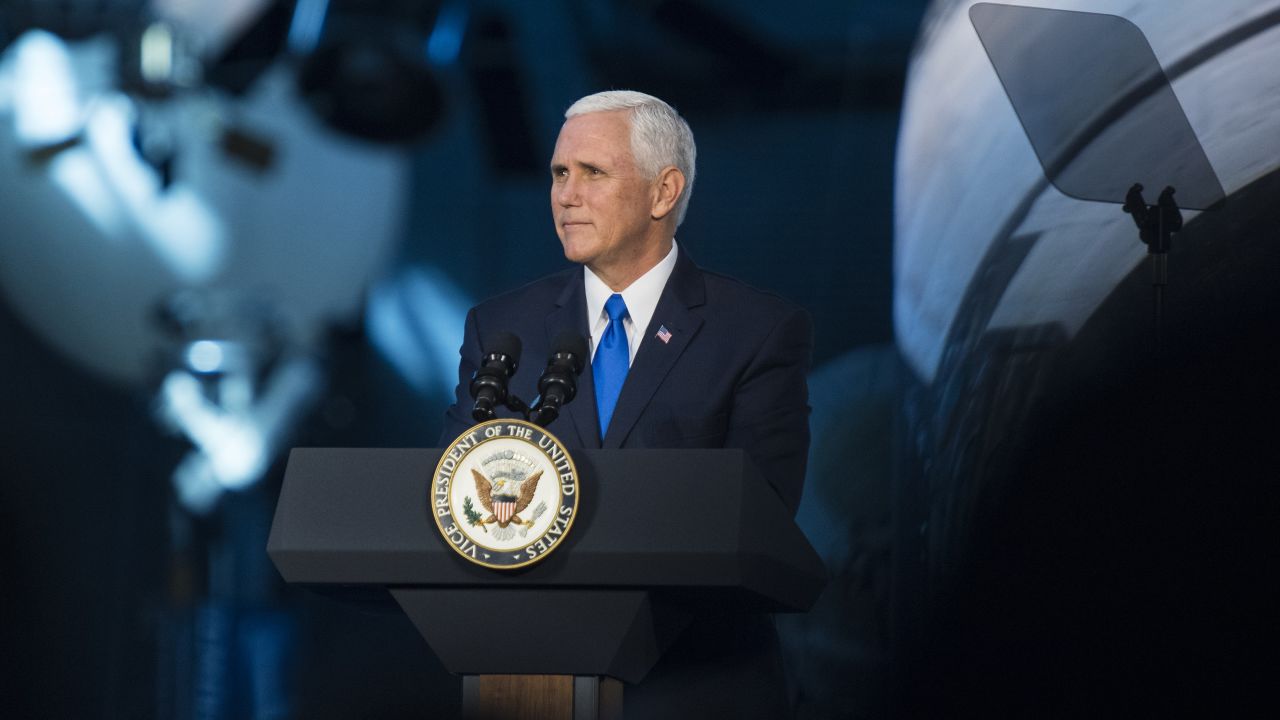 Vice President Mike Pence delivers opening remarks during the National Space Council's first meeting, Thursday, Oct. 5, 2017 at the Smithsonian National Air and Space Museum's Steven F. Udvar-Hazy Center in Chantilly, Va. 
