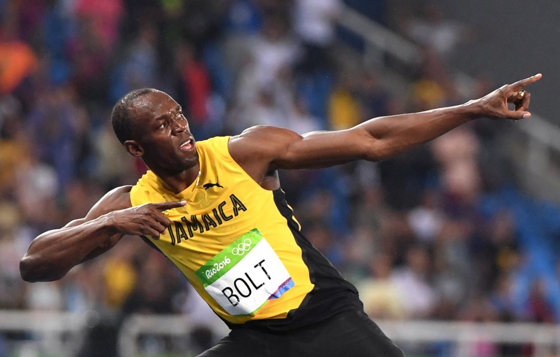 Bolt celebrates with his famous "Lightning Bolt" pose after winning the Men's 200m Final at the 2016 Rio de Janerio Olympic Games.