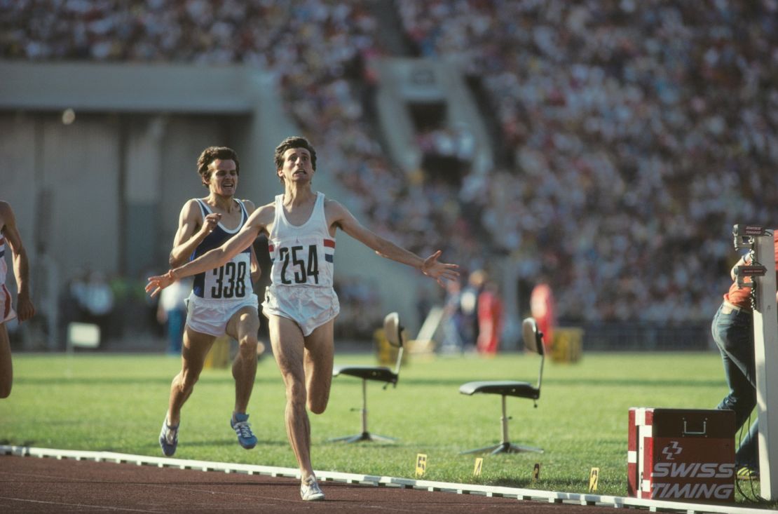 Sebastian Coe crosses the finish line to win 1500m gold at the 1980 Moscow Olympics.