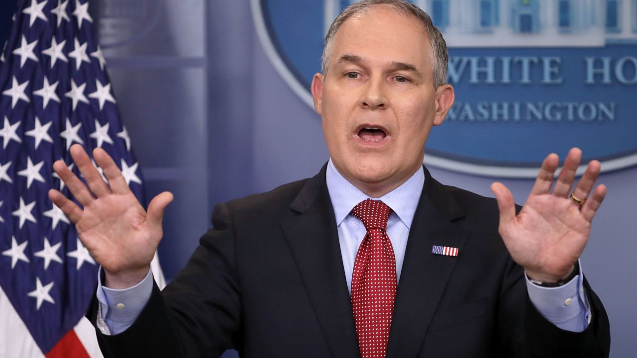 Environmental Protection Agency Administrator Scott Pruitt answers reporters' questions during a briefing at the White House June 2, 2017 in Washington, DC.