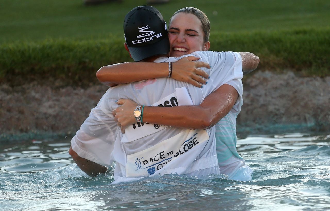 Thompson won her first major a year later, famously jumping into the lake with caddie Benji Thompson (no relation) after victory in the 2014 Kraft Nabisco Championship.