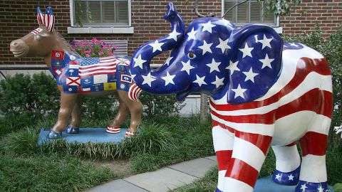 The symbols of the Democratic(L) (donkey) and Republican (elephant) parties are seen on display in Washington on August 25, 2008.