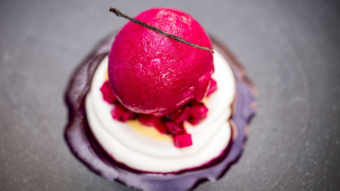 Wat Damnak's purple dragon fruit, passion fruit and vanilla sorbet sits atop meringue and curd.