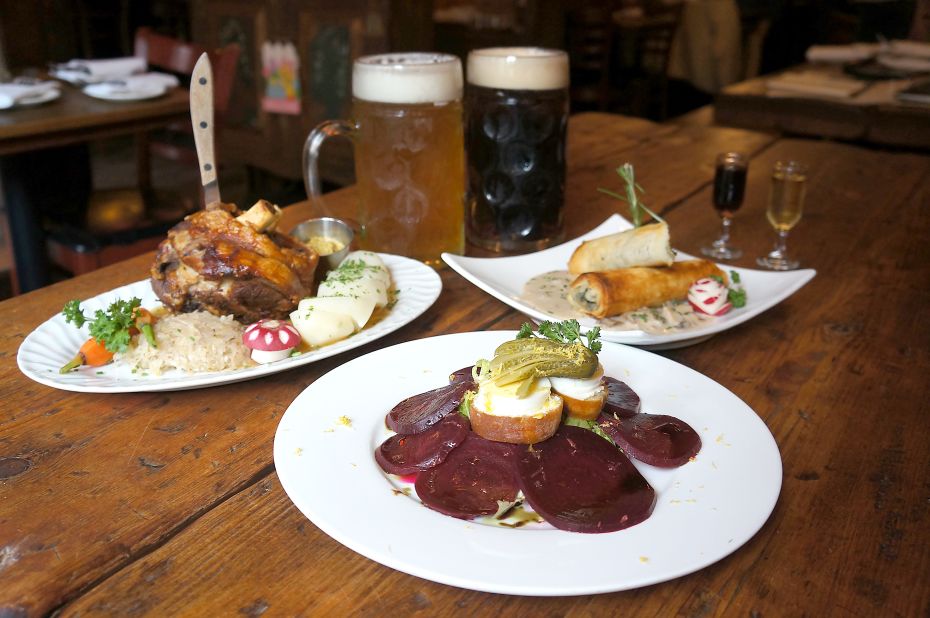Huge steins of beer and plates of meat are synonymous with German cuisine, as served by the Heidelberg restaurant in New York. 