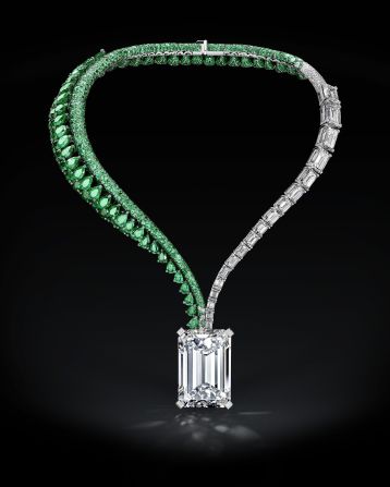 De Grisogono's emerald and diamond necklace took 1,700 hours to create and features the largest flawless D-colour diamond (163.41 carats) to ever to come to auction. It's expected to fetch around $30 million at Christie's Geneva on Nov. 14, 2017.  