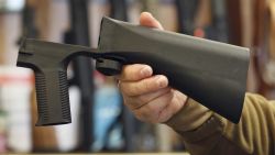 SALT LAKE CITY, UT - OCTOBER 5: A bump stock device that fits on a semi-automatic rifle to increase the firing speed, making it similar to a fully automatic rifle, is shown here at a gun store on October 5, 2017 in Salt Lake City, Utah. Congress is talking about banning this device after it was reported to of been used in the Las Vegas shootings on October 1, 2017.  (Photo by George Frey/Getty Images)
