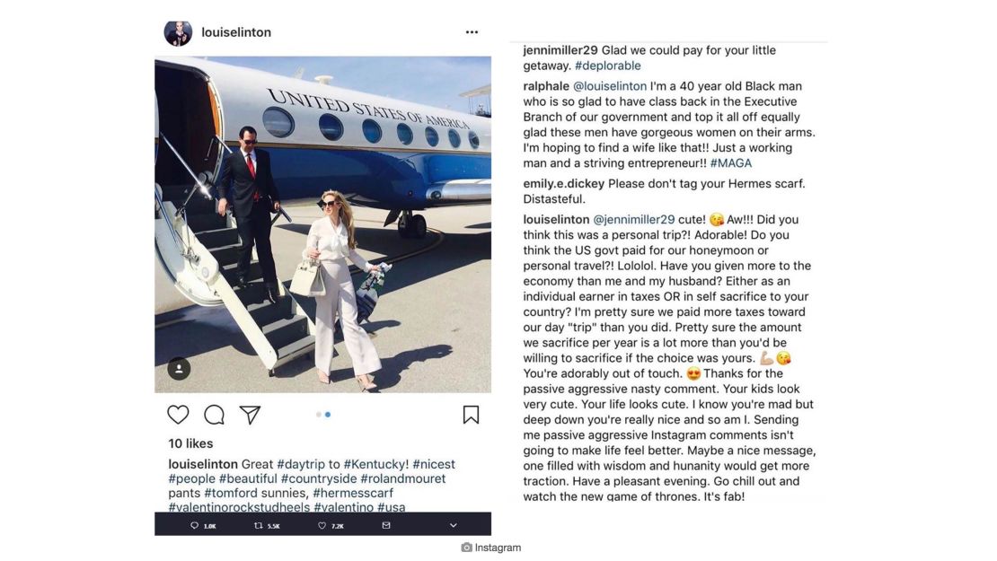 Treasury Secretary Steven Mnuchin's wife Louise Linton had an exchange with an Instagram user after the user criticized her for tagging several designer brands in an image of the couple de-boarding a government plane.