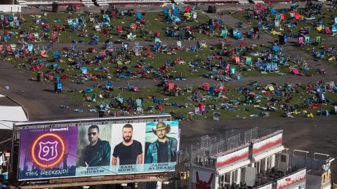 Belongings are scattered and left behind at the site of the mass shooting at the Route 91 Harvest Festival, October 3, 2017 in Las Vegas, Nevada.