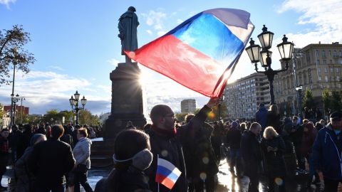Demonstrators gather by a statue of poet Alexander Pushkin in an anti-Putin rally in Moscow on Saturday.