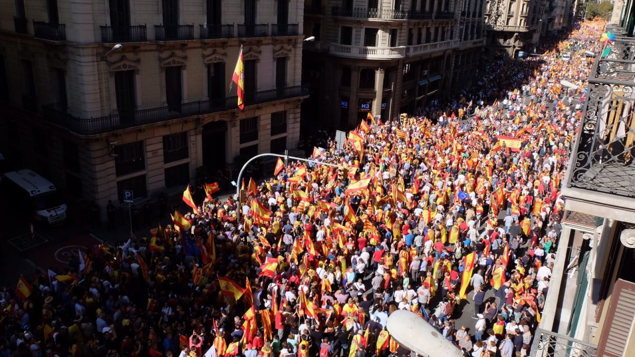Hundred of thousands of protesters marched in Barcelona on October 8, 2017, demanding the region of Catalonia remains in Spain.
