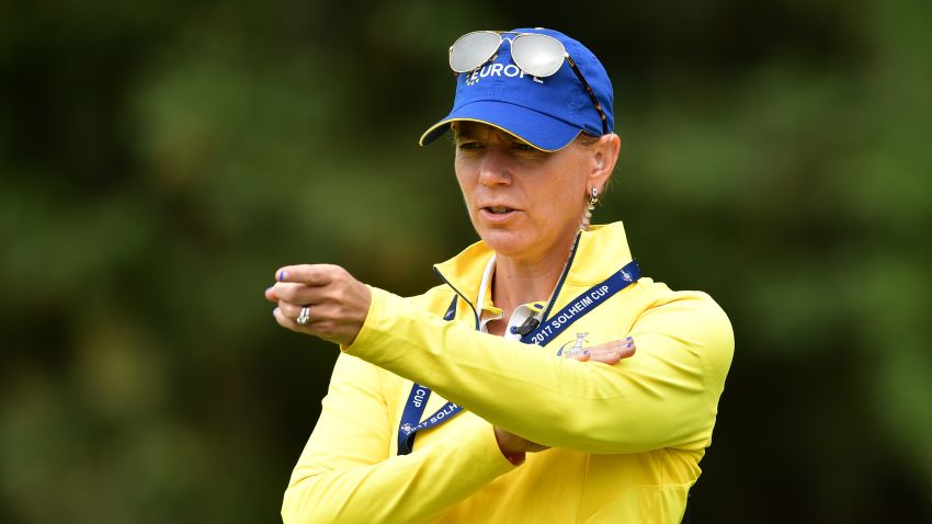 WEST DES MOINES, IA - AUGUST 15:  Annika Sorenstam, European Team Captain gestures during practice for The Solheim Cup at the Des Moines Country Club on August 15, 2017 in West Des Moines, Iowa.  (Photo by Stuart Franklin/Getty Images)