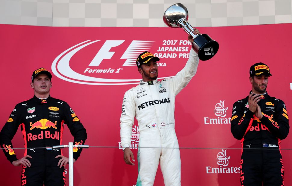 Lewis Hamilton took a giant step towards a fourth world title at the Japanese Grand Prix. The Briton led from start to finish to scoop his eighth win of the season while Sebastian Vettel suffered a DNF, limping out with engine issues at the start of the race. The Red Bull pairing of Max Verstappen and Daniel Ricciardo enjoyed another good weekend, finishing second and third respectively. <br /><br />Hamilton's victory means he now has a 59-point lead with four races remaining and will clinch the 2017 drivers' championship if he outscores Vettel by 16 points at the US Grand Prix in Austin on October 22.<br /><br /><strong>Drivers' title race after round 16</strong><br />Hamilton 306 points<br />Vettel 247 points<br />Bottas 234 points<br />