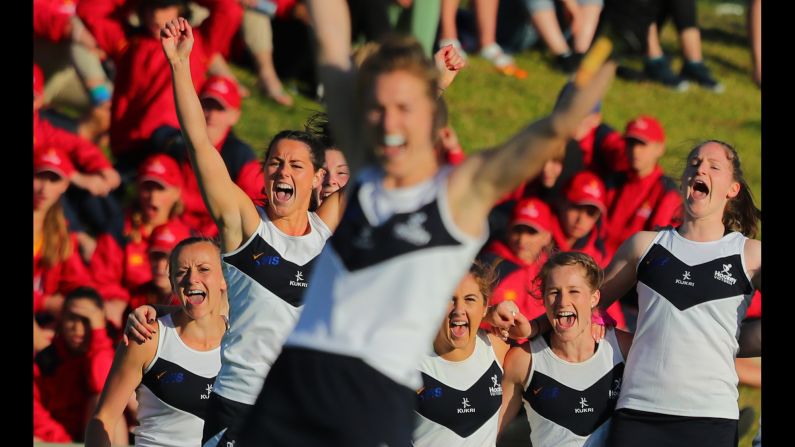 Victoria Vipers players celebrate their overtime shoot-out win during the women's 2017 Australian Hockey League gold medal final against the Queensland Scorchers on Sunday, October 8, in Perth, Australia.