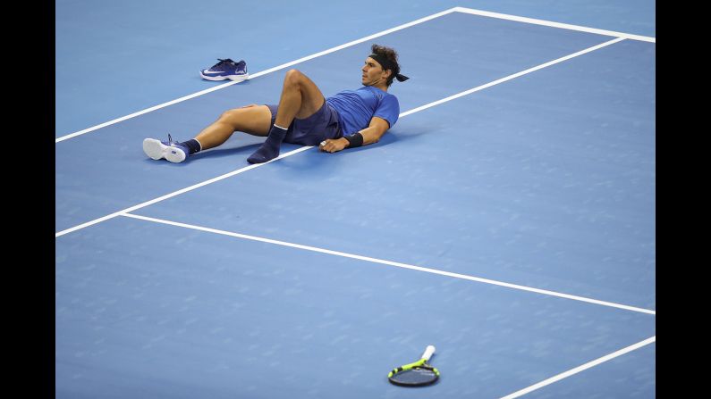 Rafael Nadal loses his shoe after slipping during a match against Lucas Pouille of France in the Men's singles first round on day four of 2017 China Open on Tuesday, October 3 in Beijing.