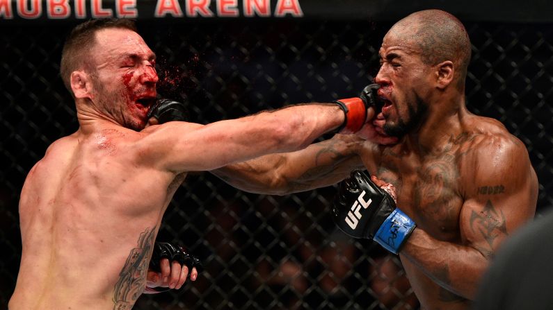 Lando Vannata, left, and Bobby Green trade punches in their lightweight bout during the UFC 216 event on Saturday, October 7, in Las Vegas.