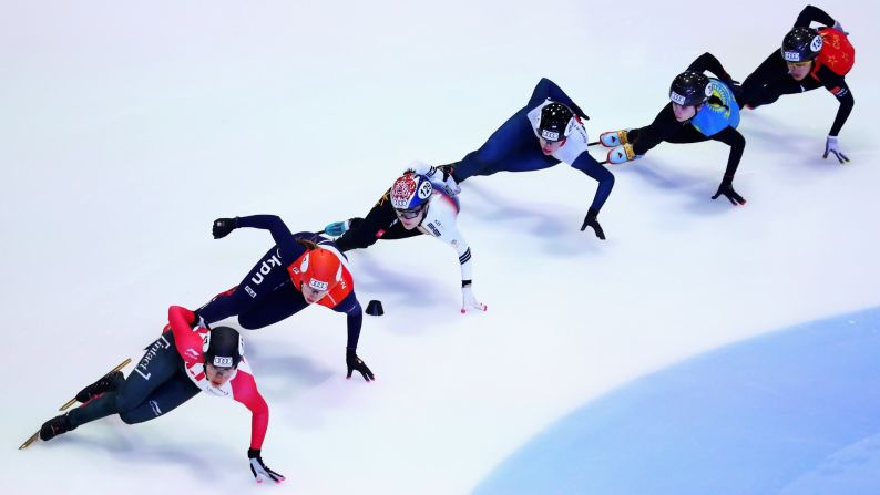 Speed skaters Valerie Maltais of Canada, Suzanne Schulting of the Netherlands, Charlotte Gilmartin of Great Britain and Yu Bin Lee of Korea compete in the 1000m Women's Semi Final on Sunday, October 8 in Dordrecht, Netherlands.