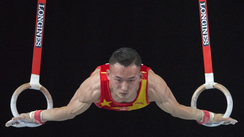 Ruoteng Xiao of China performs on the rings in the men's individual All-Around Final at the Artistic Gymnastics World Championships on Thursday, October 5, in Montreal. Xiao would go on to win the gold medal.