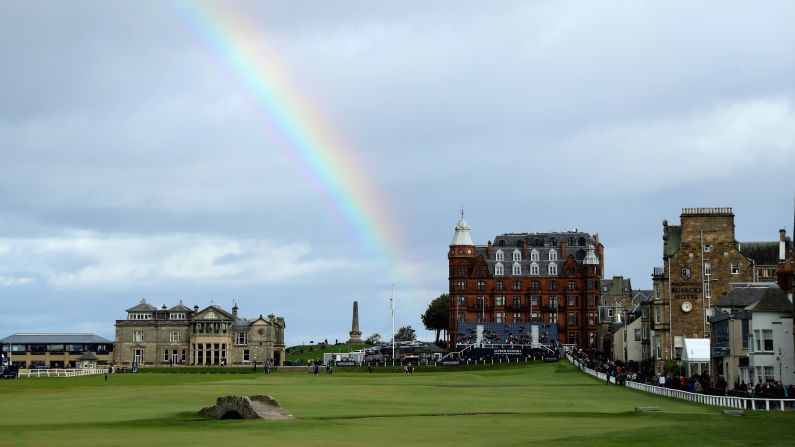 A rainbow is pictured over the 18th hole during day three of the 2017 Alfred Dunhill Championship at The Old Course on Saturday, October 7, in St. Andrews, Scotland.