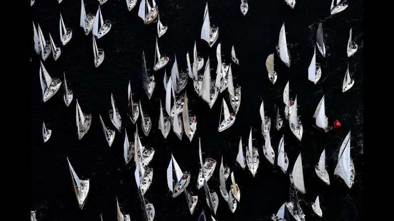 Boats sail during the 49th Barcolana regatta in the Gulf of Trieste on Sunday, October 8.
