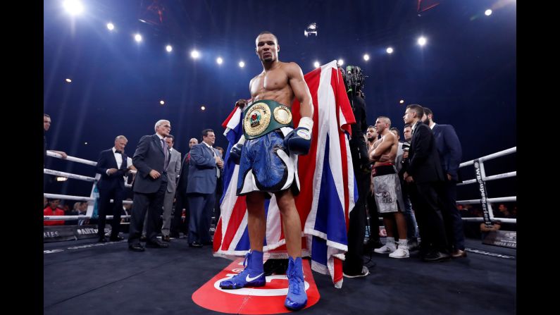 Chris Eubank Jr. celebrates winning the fight against Avni Yildirim during the Super Middleweight World Boxing Super Series fight in Stuttgart, Germany on Saturday, October 7.