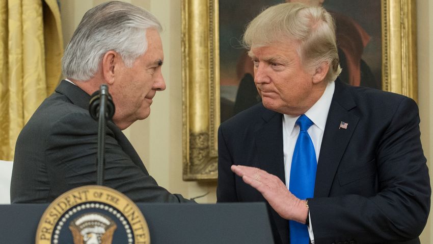 WASHINGTON, DC - FEBRUARY 01:  US President Donald J. Trump (R) shakes hands with Rex Tillerson (L) after Tillerson was sworn-in as Secretary of State, in the Oval Office of the White House on February 1, 2017 in Washington, DC.