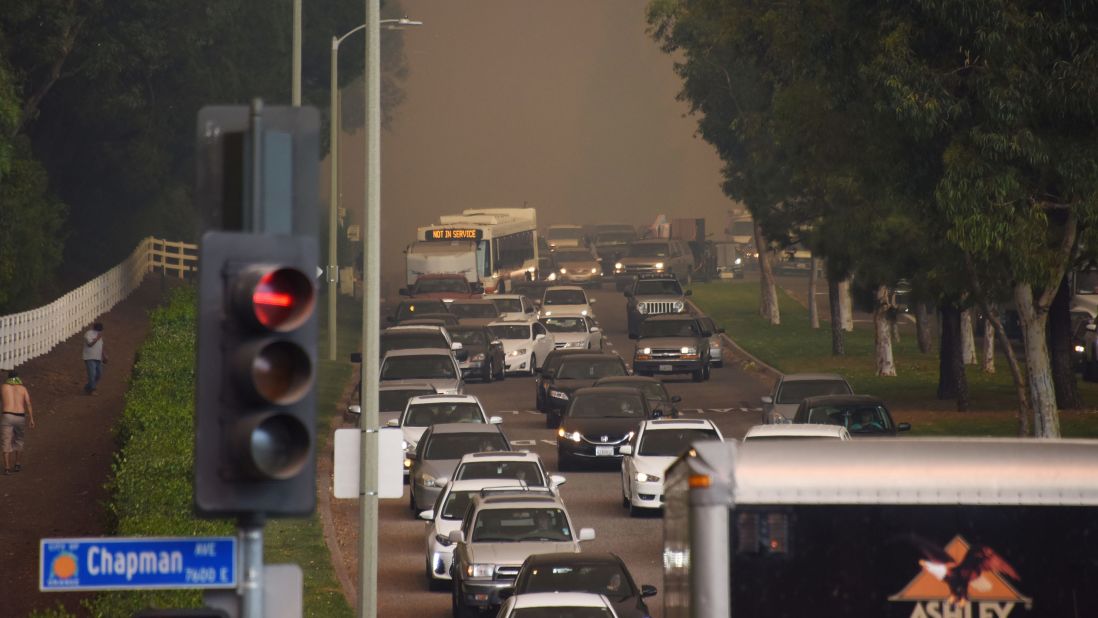 Traffic backs up as people flee Orange on October 9.