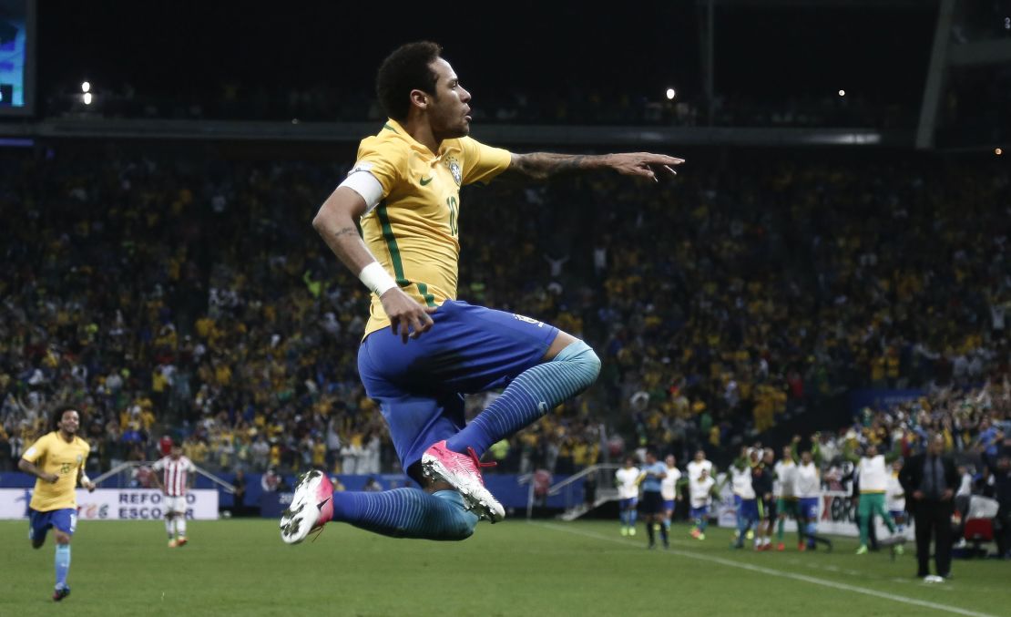  Neymar celebrates after scoring against Paraguay during a World Cup qualifying match.