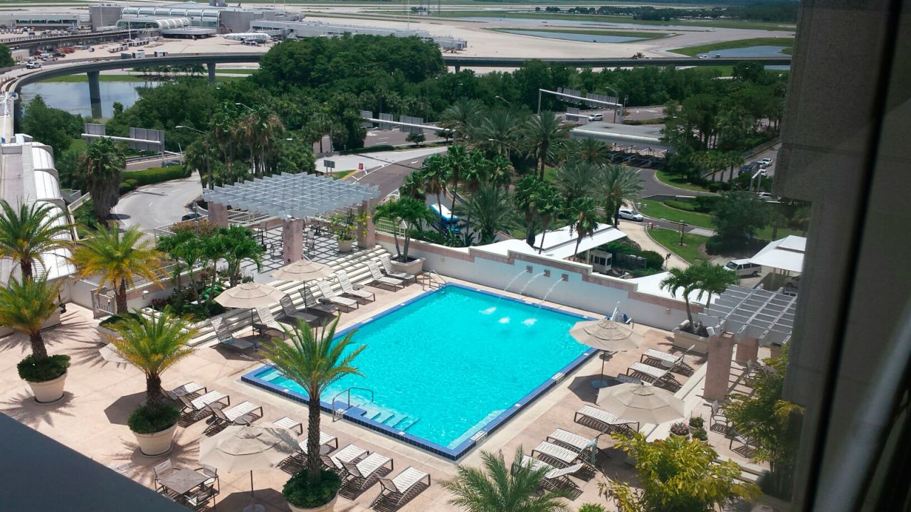 <strong>Hyatt Regency Orlando International Airport, Florida:  </strong>Travelers can cool off at this Roman-style splash pool while taking in views of planes landing and taking off from the runway.