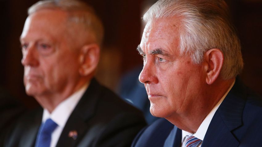 US Secretary of State Rex Tillerson (R) and US Secretary of Defence Jim Mattis (L) hold talks with Australian Foreign Minister Julie Bishop and Australian Defence Minister Marise Payne during a meeting at Government House in Sydney on June 5, 2017.
Australia's foreign and defence ministers meet with their US counterparts Rex Tillerson and Jim Mattis for annual talk. / AFP PHOTO / POOL / Mark Metcalfe        (Photo credit should read MARK METCALFE/AFP/Getty Images)