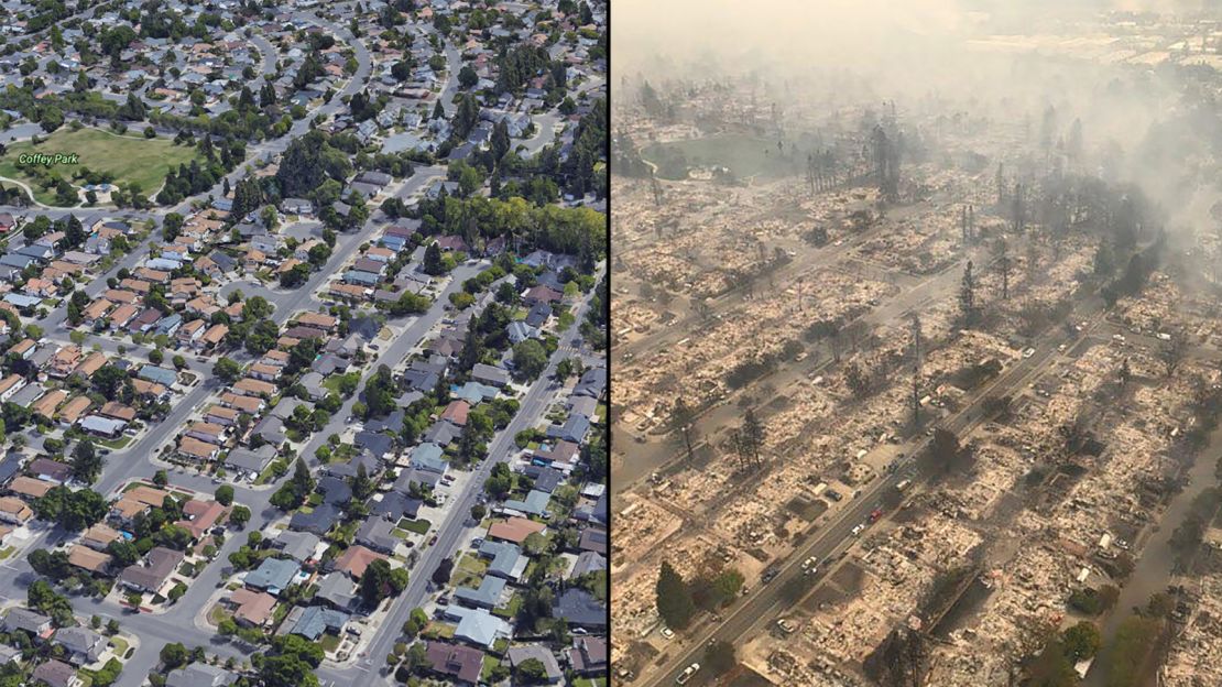 Aerial views show Santa Rosa's Coffey Park neighborhood before and after the wildfires.