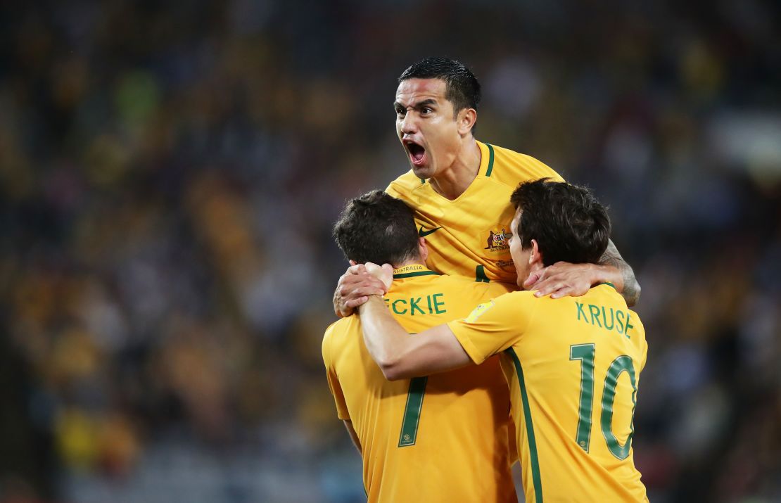 Tim Cahill celebrates after scoring Australia's first goal during the 2018 FIFA World Cup Asian Playoff match between the Australian Socceroos and Syria.