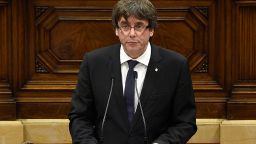 Catalan regional government president Carles Puigdemont gives a speech at the Catalan regional parliament in Barcelona on October 10, 2017.
Spain's worst political crisis in a generation will come to a head as Catalonia's leader could declare independence from Madrid in a move likely to send shockwaves through Europe.  / AFP PHOTO / LLUIS GENE        (Photo credit should read LLUIS GENE/AFP/Getty Images)