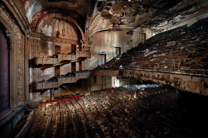 This 2,000-seat theater first opened in 1912, then closed in 1986 and remained unused since. Taking this picture wasn't easy, Van Rensbergen writes: "It was impossible to do this discreetly, and we made a terrible racket as we climbed over the rusty, sharp wire. On the third floor, two steps broke off and clattered to the ground. I clung to the railing and asked myself what on earth was I doing in that place."