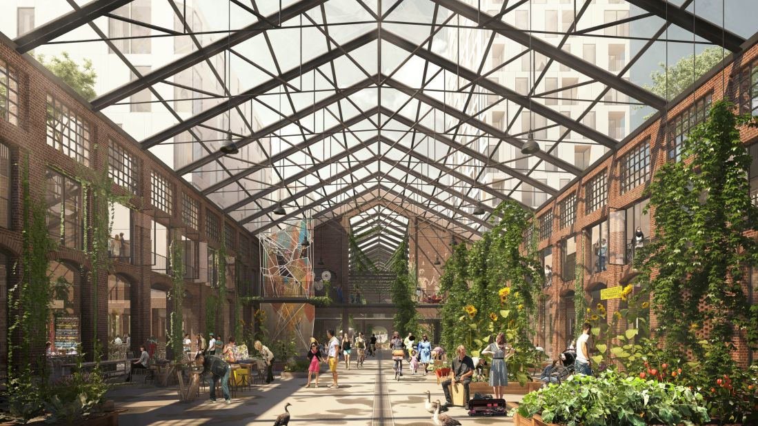 The winner of the Re-use prize shows how an industrial building in Oslo, Norway could be repurposed into a greenhouse and social hub.