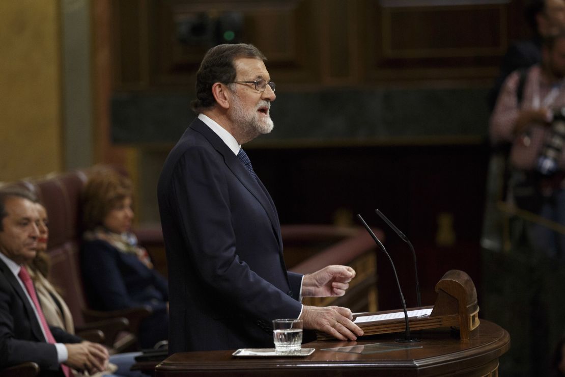 Spanish Prime Minister Mariano Rajoy speaks at the Spanish Parliament following the Catalonian independence vote on October 11.