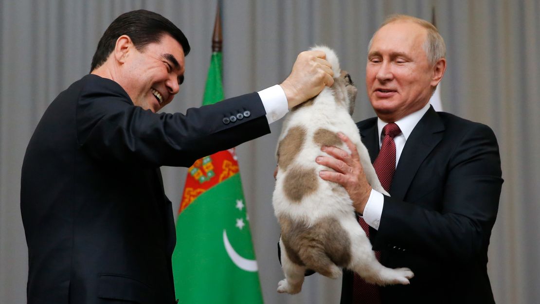 Turkmenistan's President Gurbanguly Berdimuhamedov presents a Turkmen shepherd dog to his Russian counterpart Vladimir Putin on October 11, 2017.  