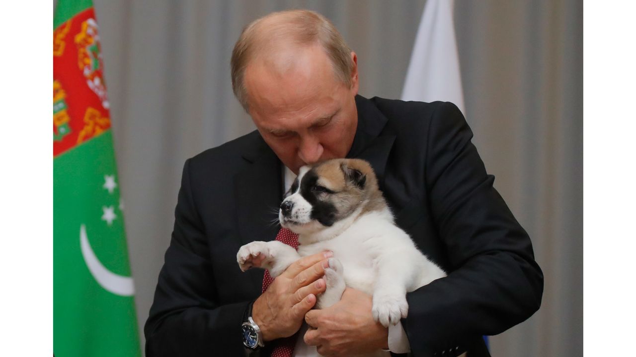 Russian President Vladimir Putin kisses a puppy he received from Turkmenistan President Gurbanguly Berdimuhamedov.