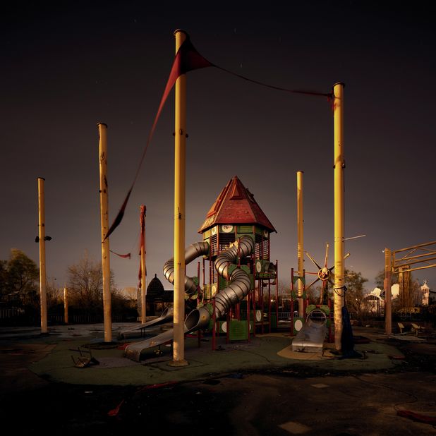 The Six Flags amusement park near New Orleans has been closed since Hurricane Katrina struck in 2005. <br /><br />"During the day, everything looked easy-going, but when we came back at night, the entire place was suddenly transformed," writes Van Rensbergen. 