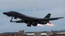 A U.S. Air Force B-1B Lancer assigned to the 37th Expeditionary Bomb Squadron, deployed from Ellsworth Air Force Base (AFB), S.D., take off from Andersen AFB, Guam to fly sequenced bilateral missions with two Japan Air Self-Defense Force (JASDF) F-15s and two Republic of Korea air force (ROKAF) F-15Ks in the vicinity of the Sea of Japan, Oct. 10, 2017. This mission marks the first time U.S. Pacific Command B-1B Lancers have conducted combined training with JASDF and ROKAF fighters at night, demonstrating our increasing combined capabilities. (U.S. Air Force photo by Senior Airman Jacob Skovo )