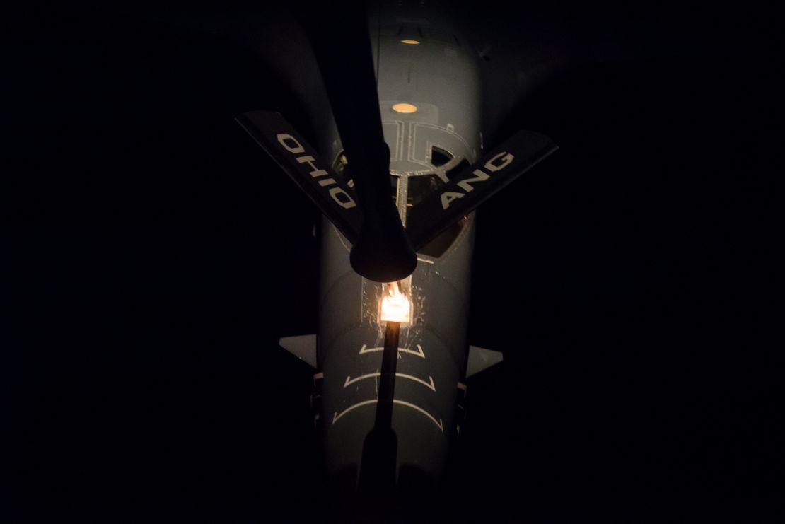 A US Air Force B-1B bomber is refueled midflight during a nighttime mission off the Korean Peninsula on October 10.