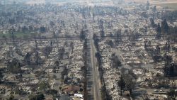 Hundreds of homes in the Coffey Park neighborhood that were destroyed by the Tubbs Fire on October 11, 2017 in Santa Rosa, California. At least 21 people have died in wildfires that have burned tens of thousands of acres and destroyed over 3,000 homes and businesses in several Northen California counties. 