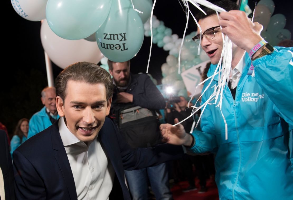 Sebastian Kurzs is greeted by supporters before a television debate.