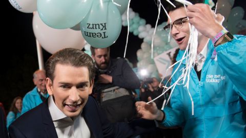 Sebastian Kurzs is greeted by supporters before a television debate.