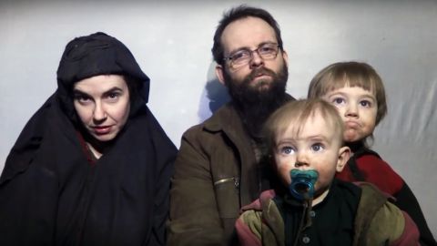 Screengrab from video published on Youtube by Taliban media on Dec 19, 2016, showing American hostage Caitlan Coleman and her husband Canadian Joshua Boyle with their two children.
