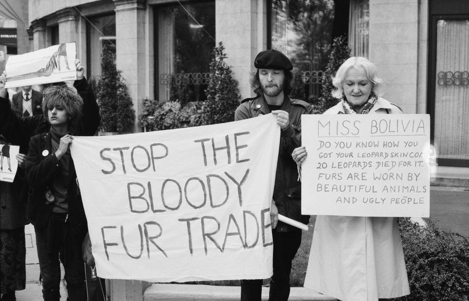 Anti-fur protesters have held demonstrations to expose cruelty against animals for decades. Here, an animal rights demonstration against the fur trade is seen outside the Miss World competition at London's Royal Albert Hall in 1984.