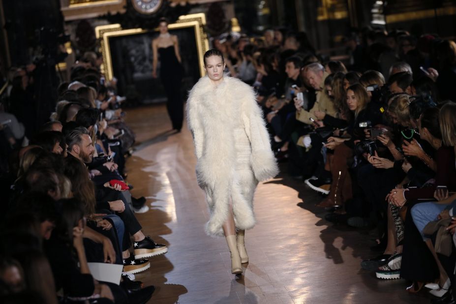 A model walks in a faux-fur creation by British designer Stella McCartney. 